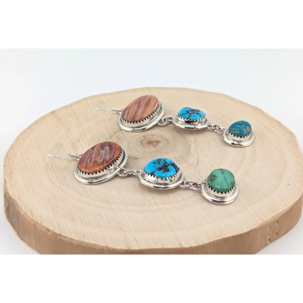 Navajo 3 Stones Drop Dangle Earrings Sterling Silver Handmade Turq‎ Jewelry **